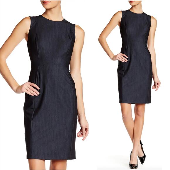 CALVIN KLEIN NWT Professional Cocktail Dark Blue Denim-like Navy Dress – Size 8 - Picture 1 of 11